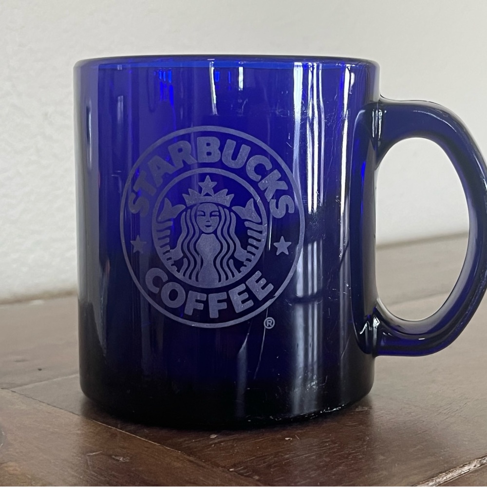 Starbucks Vintage Blue Cobalt Etched Glass Coffee Mug Cup